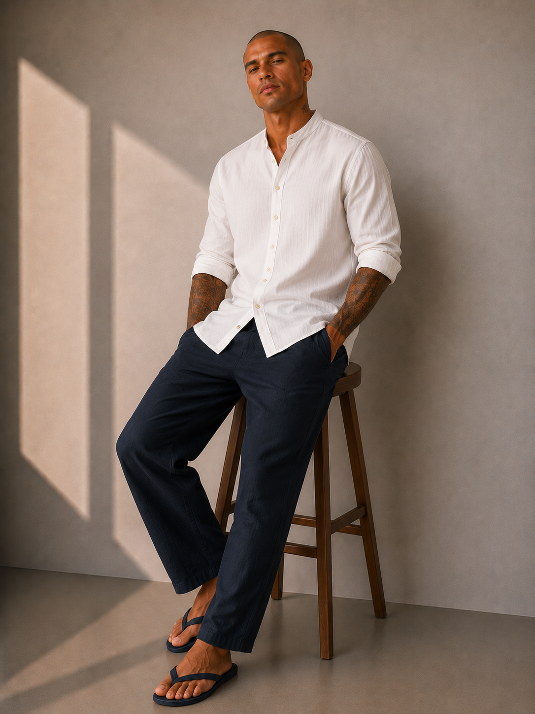 Shirt stand-up-collar Linen Blend - White